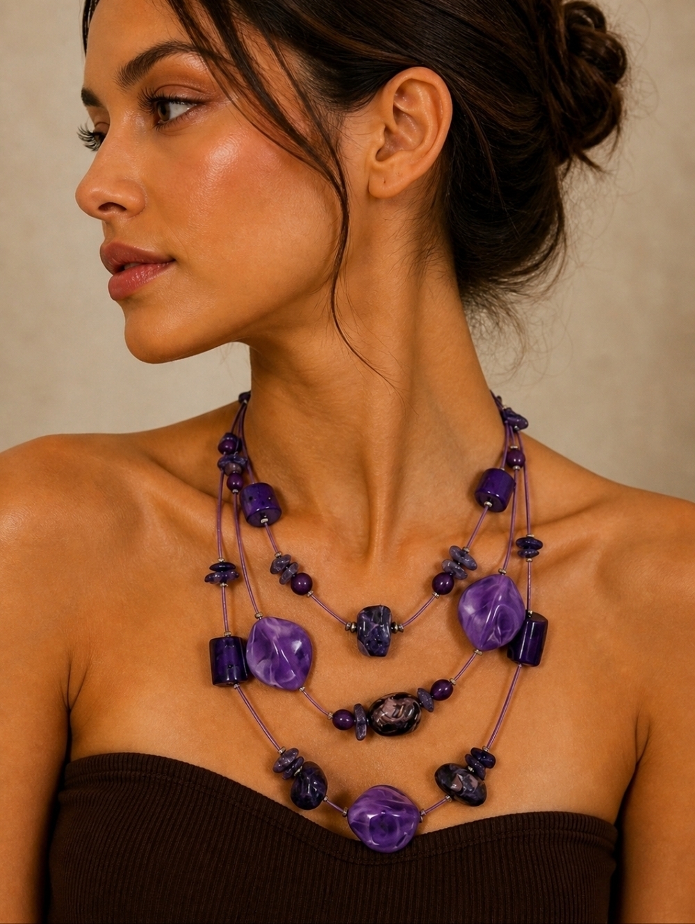 CHICO'S Purple Beaded Station Illusion Floating Layered Festival Necklace